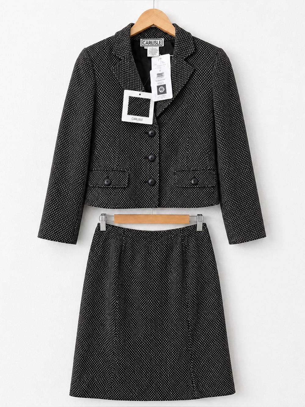 Vintage NWT Carlisle Wool Angora Cashmere Skirt Suit Set Black Ivory US 8 Tweed